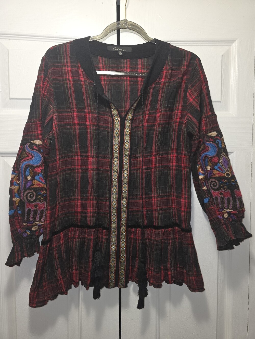 Calessa Unique Vintage Boho Plaid Tassel Peasant Top With Arm Details Size M